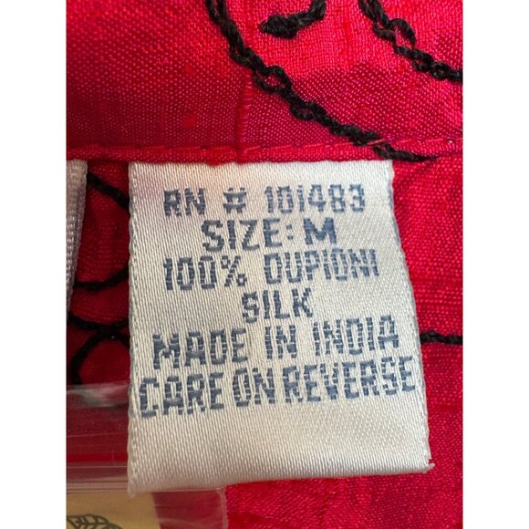 Bleu Bayou Dupioni Silk Womens Red Floral Tunic Shirt Size M Hand Embroidered - Picture 3 of 7